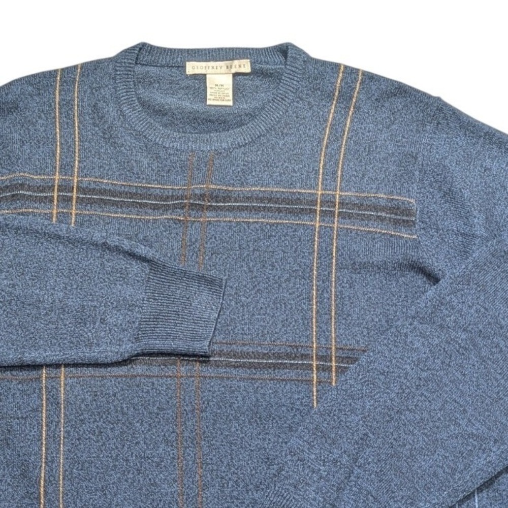 Geoffrey Beene Mens Medium Blue Plaid Crewneck Sweater Knit Pullover